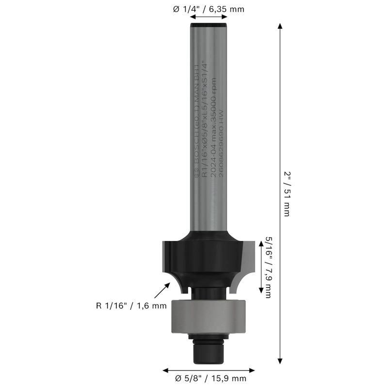 FRESA REDONDEAR PRO R1,6MM VASTAGO 1/4'' MADERA - BOSCH - 3