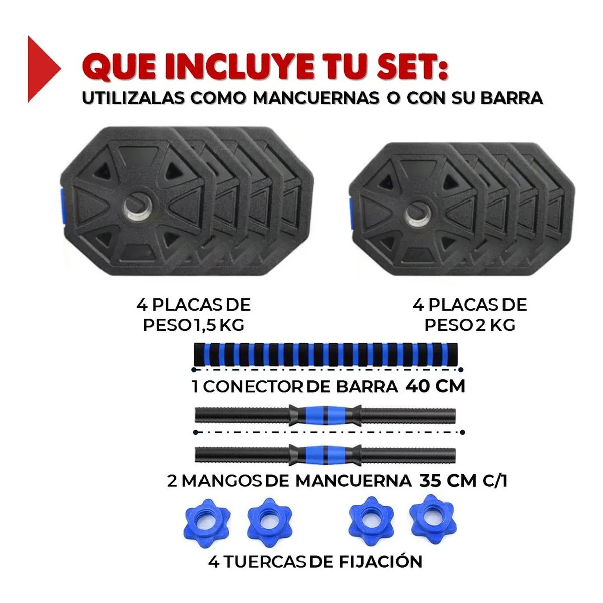 SET MANCUERNAS AJUSTABLES HEXAGONALES 15 KG 2EN1 + BARRA - 2