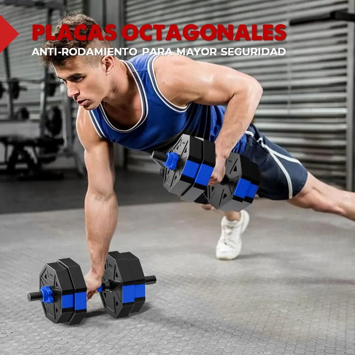 SET MANCUERNAS AJUSTABLES HEXAGONALES 15 KG 2EN1 + BARRA - 3