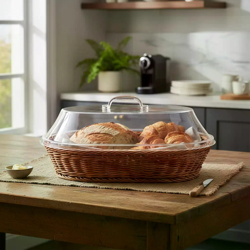 CESTA PANERA PREMIUM RATTAN CUBIERTA ACRILICO TRANSPARENTE MARRON TRENZADO - 1