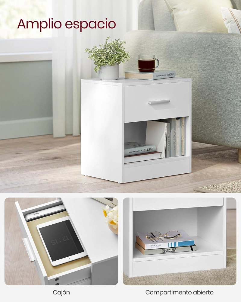 VELADOR MODERNO VASAGLE CON CAJON REPISA DORMITORIO BLANCO - 4