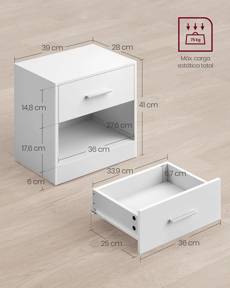 VELADOR MODERNO VASAGLE CON CAJON REPISA DORMITORIO BLANCO - 6