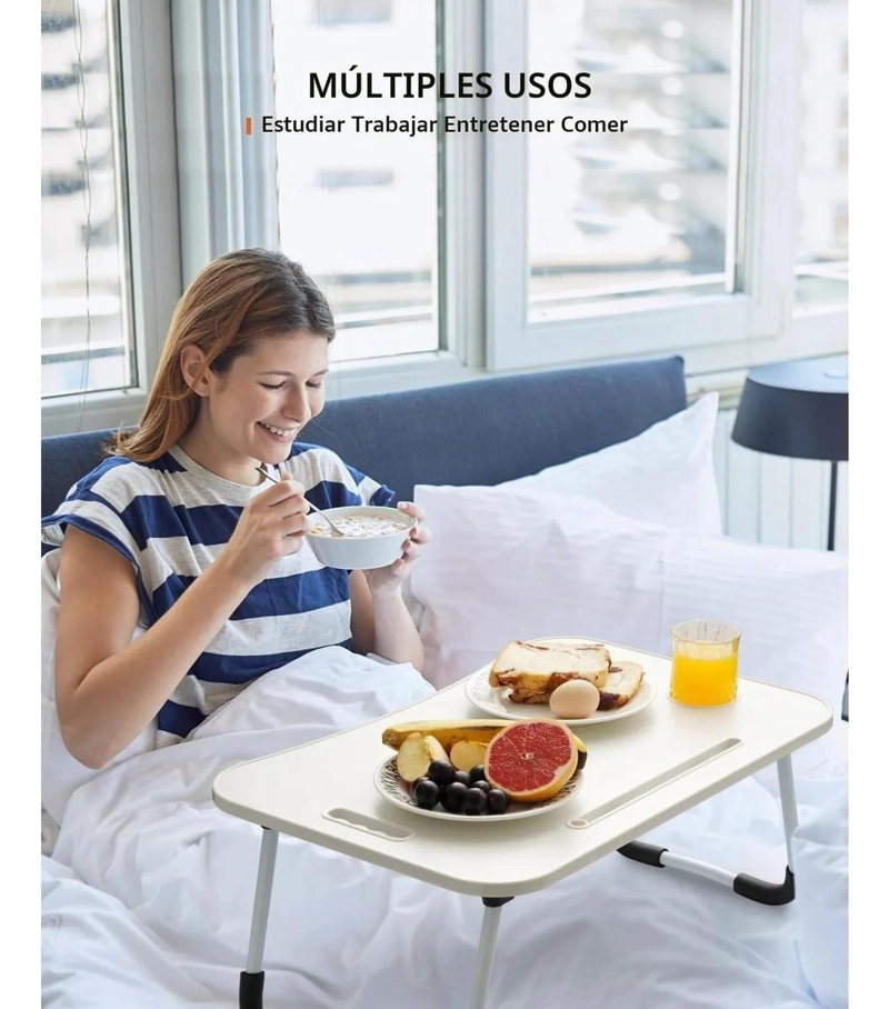 MESA NOTEBOOK PLEGABLE CAMA SOFA CON PORTAVASO BLANCO - 2