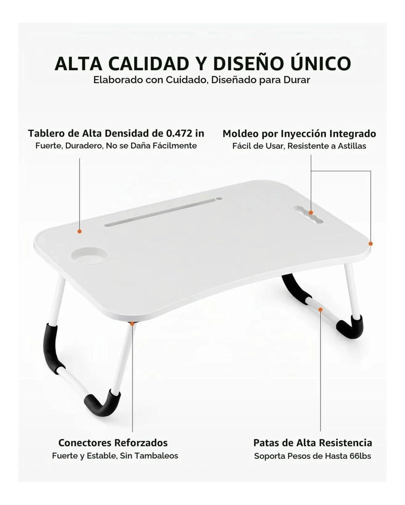 MESA NOTEBOOK PLEGABLE CAMA SOFA CON PORTAVASO BLANCO - 5