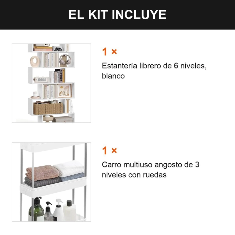 SET OFICINA ESTANTERIA LIBRERO 6 NIVELES + CARRO ANGOSTO BLANCO - 6