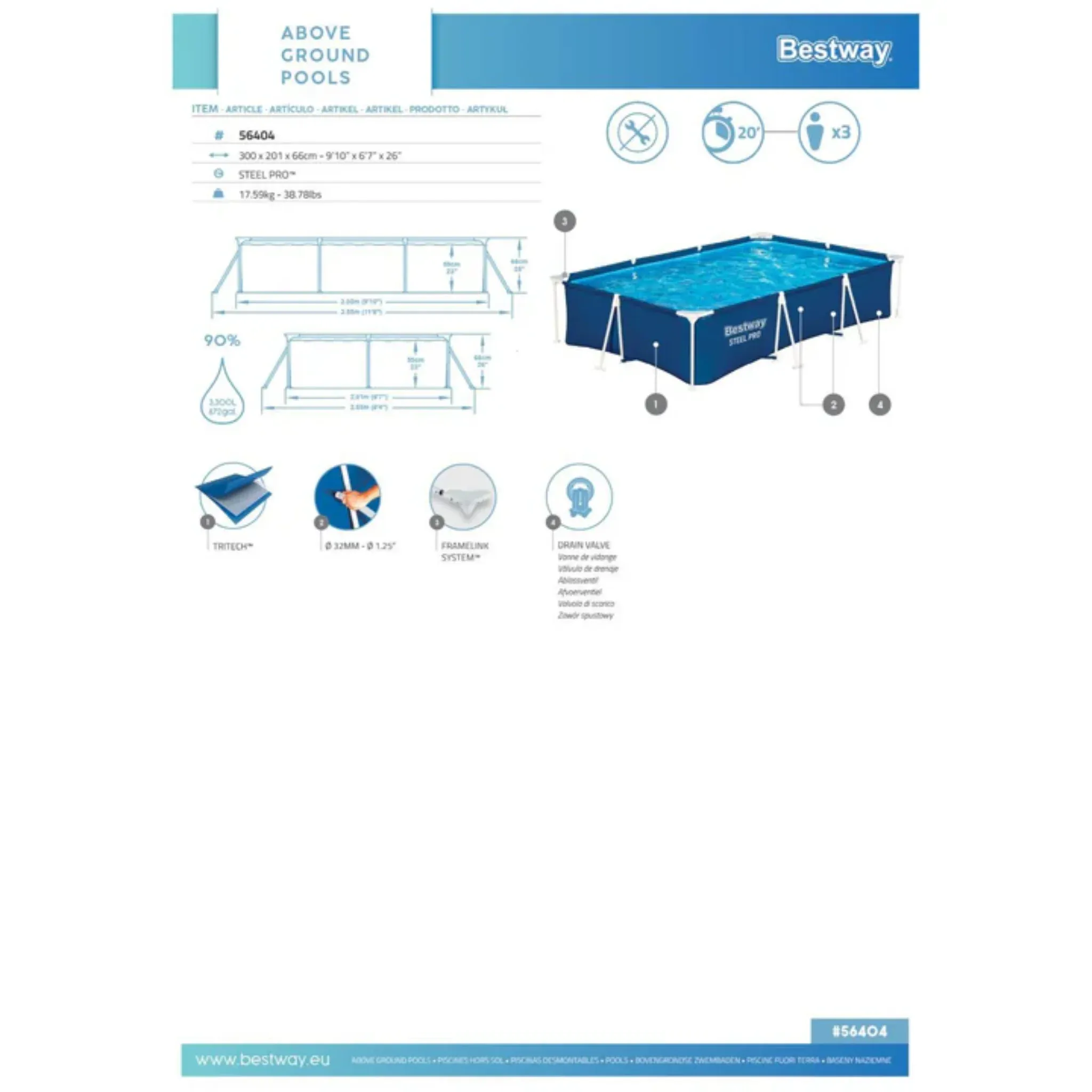 PISCINA BESTWAY STEEL PRO 300X200X0.66M + BOMBA AZUL - 3