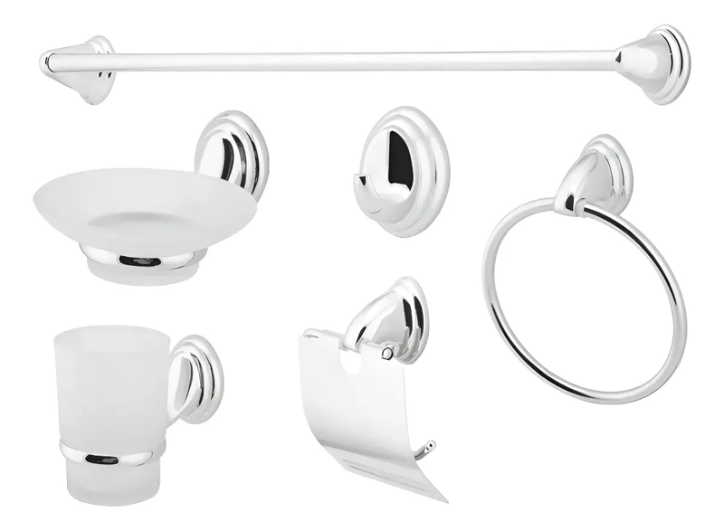 SET ACCESORIOS BAÑO 6 PIEZAS COLOMBA PLATEADO - 1