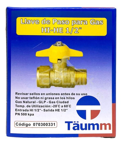 LLAVE PASO PARA GAS HI-HE 1/2 - CERTIFICADA - TAUMM - 4