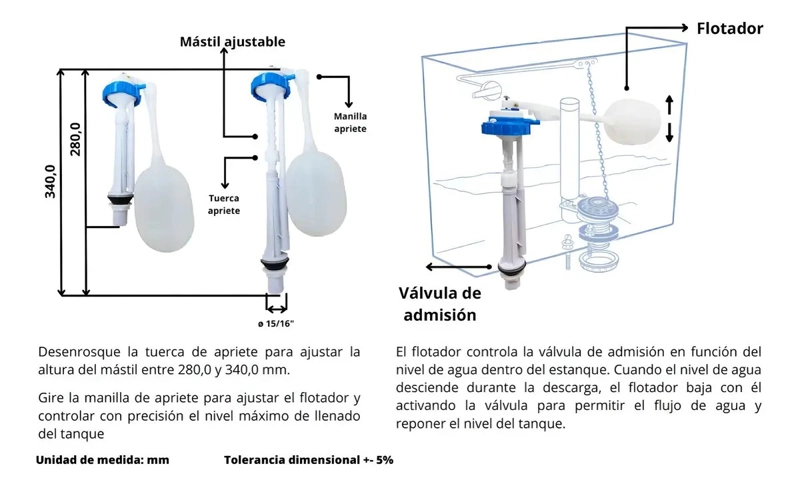 VALVULA CARGA WC ADMISION ESTANQUE 15/16 CON FLOTADOR TAUMM - 5