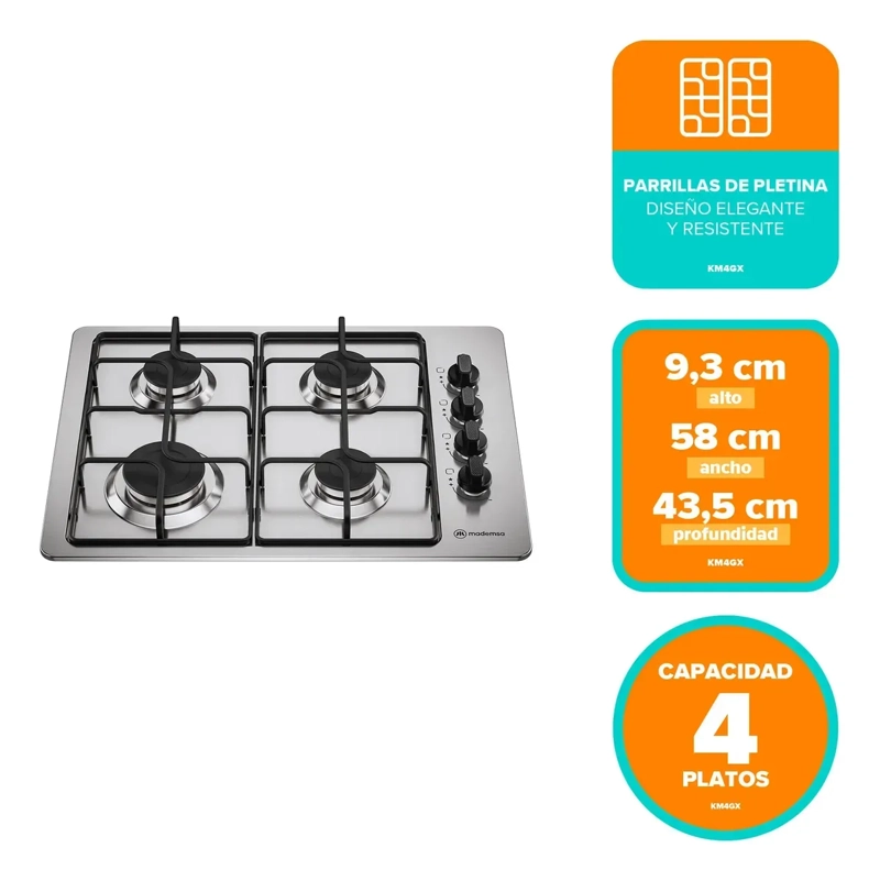 ENCIMERA A GAS MADEMSA 4 PLATOS ENCENDIDO AUTOMATICO KM4GX INOX - 3