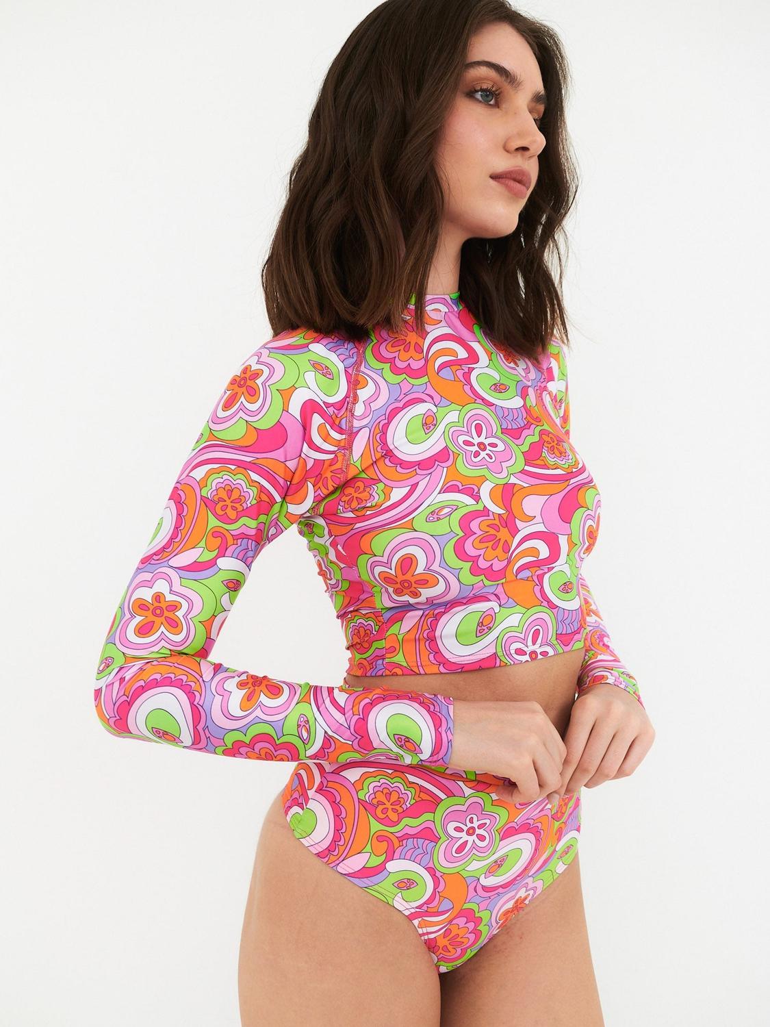 BIKINI SURF DAIKIRI MUJER MANGA LARGA CALZON TIRO ALTO PSICODELICO NARANJO FLUOR FILTRO UV50+ - 4