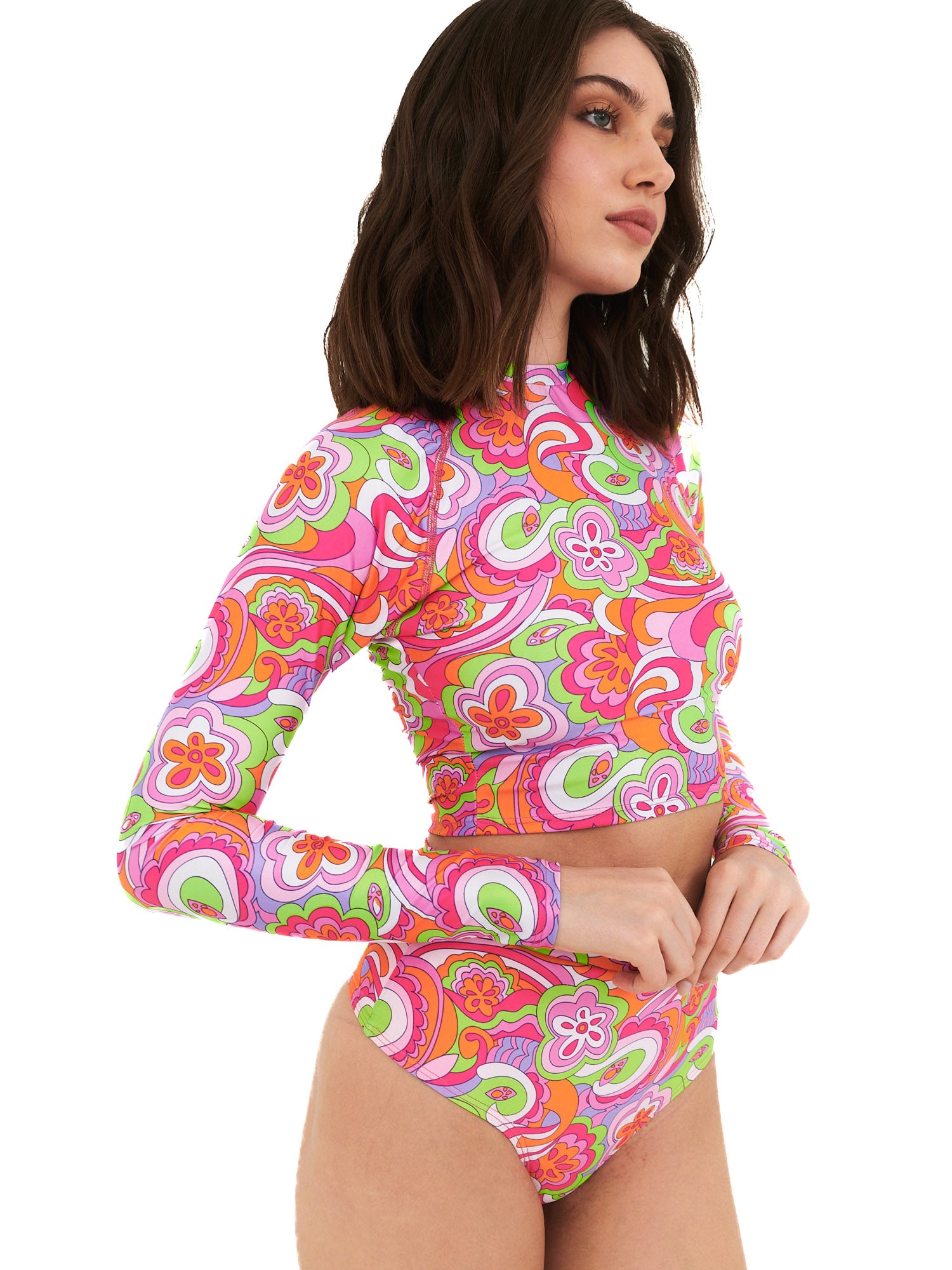 BIKINI SURF DAIKIRI MUJER MANGA LARGA CALZON TIRO ALTO PSICODELICO NARANJO FLUOR FILTRO UV50+ - 5