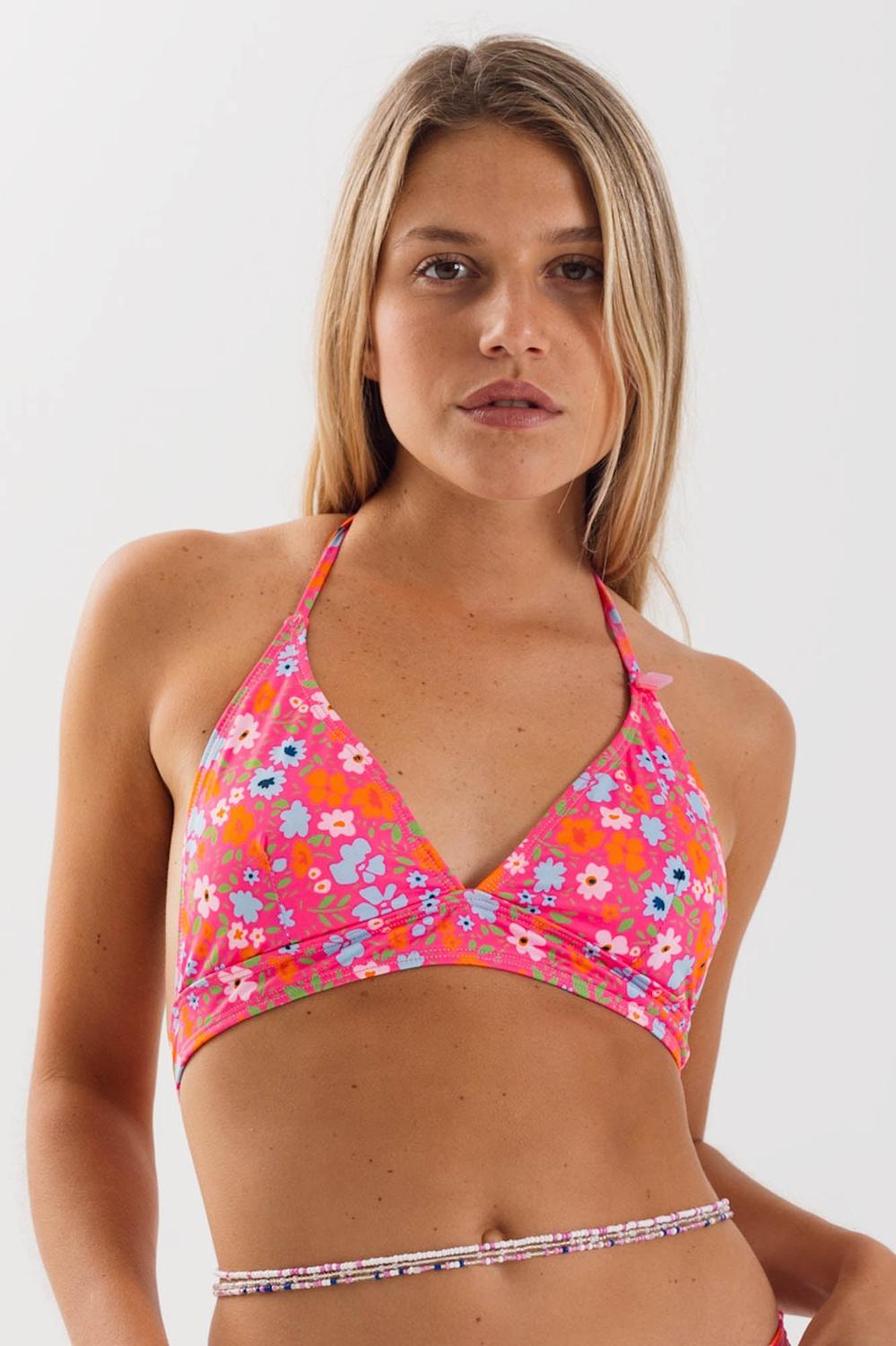 TOP DE BIKINI DAIKIRI MUJER TRIANGULO FIJO FLORES FUCSIA FLUOR FILTRO UV50+ - 1