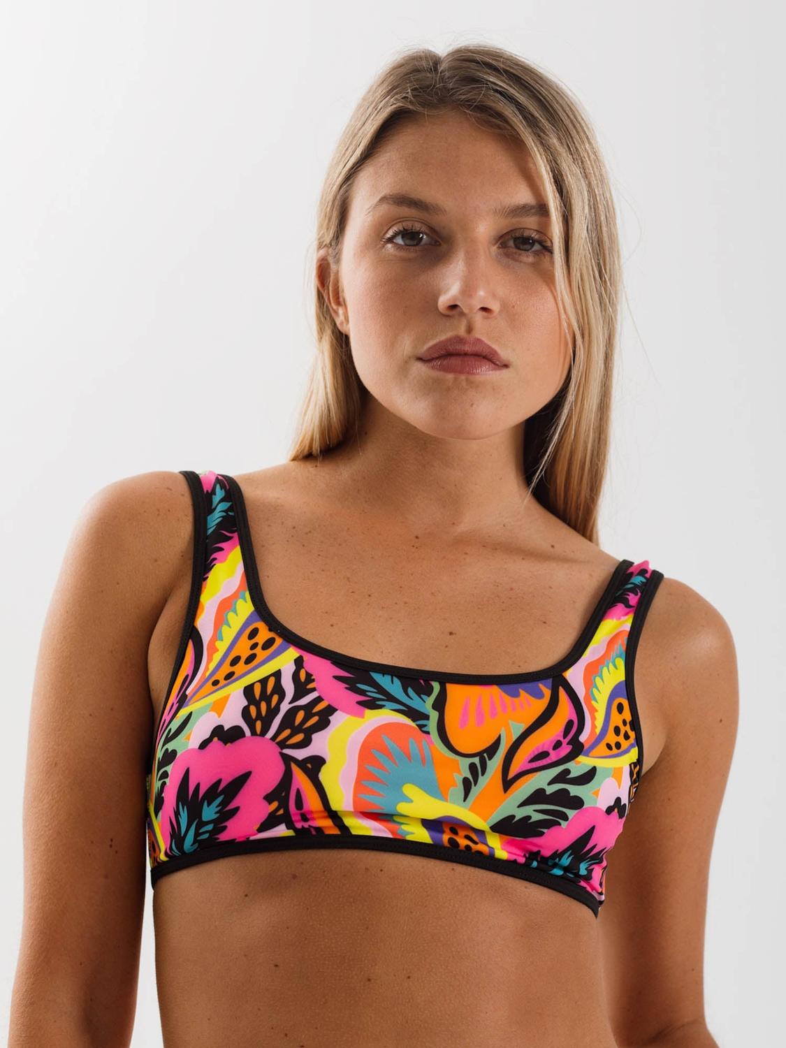 TOP DE BIKINI DAIKIRI MUJER DEPORTIVO AJUSTABLE FLORES NEGRO FLUOR FILTRO UV50+ - 1