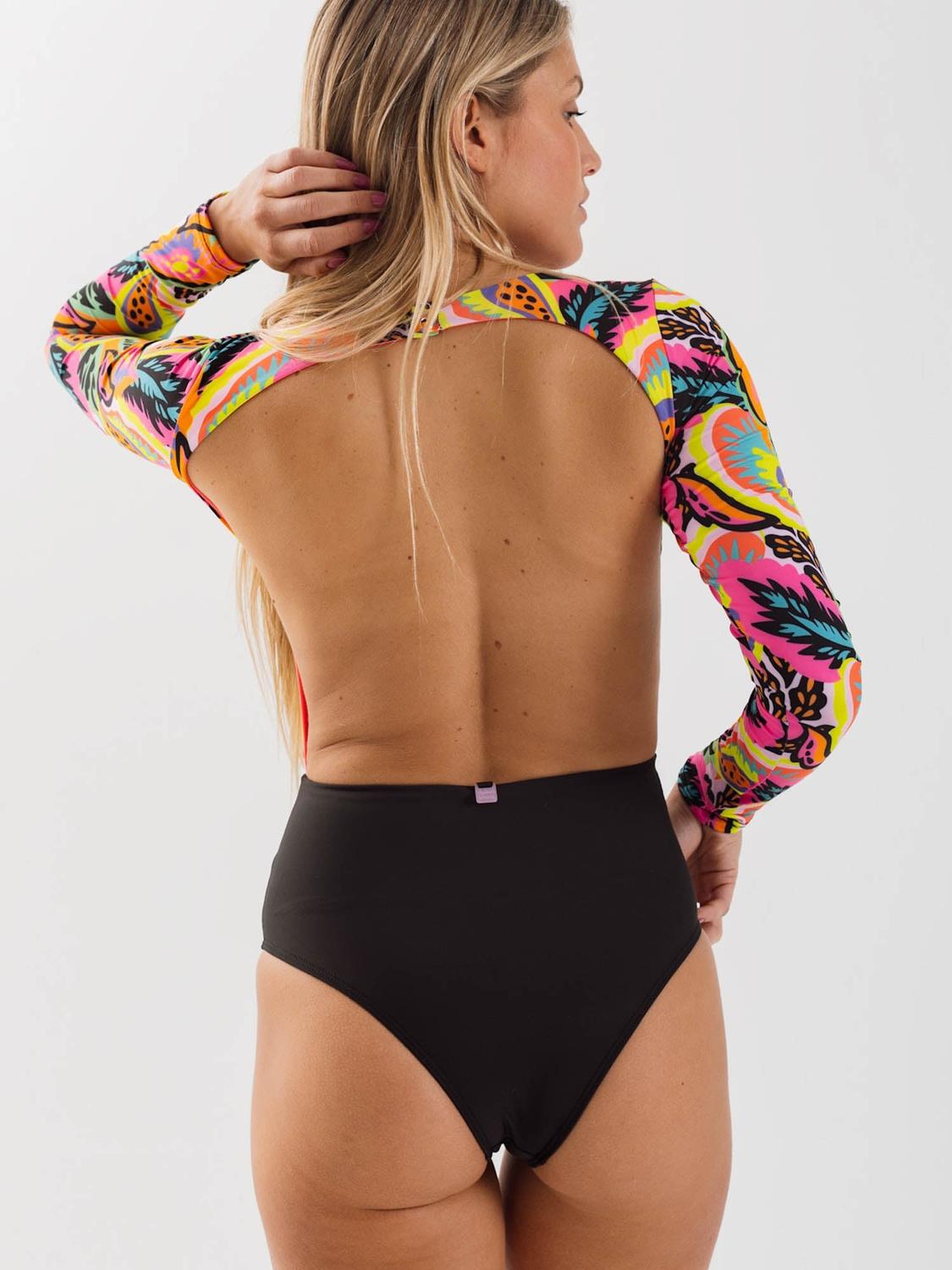 TRAJE DE BAÑO SURF DAIKIRI MUJER MANGA LARGA SIN ESPALDA FLORES NEGRO FLUOR FILTRO UV50+ - 2