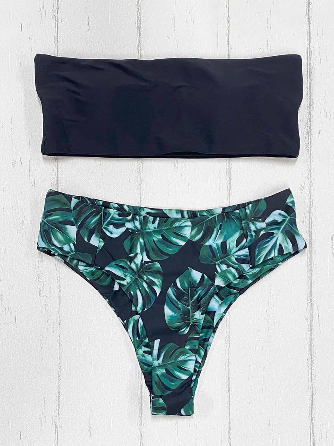 BIKINI HIGH WAIST STRAPLESS NEGRO HOJAS - 2