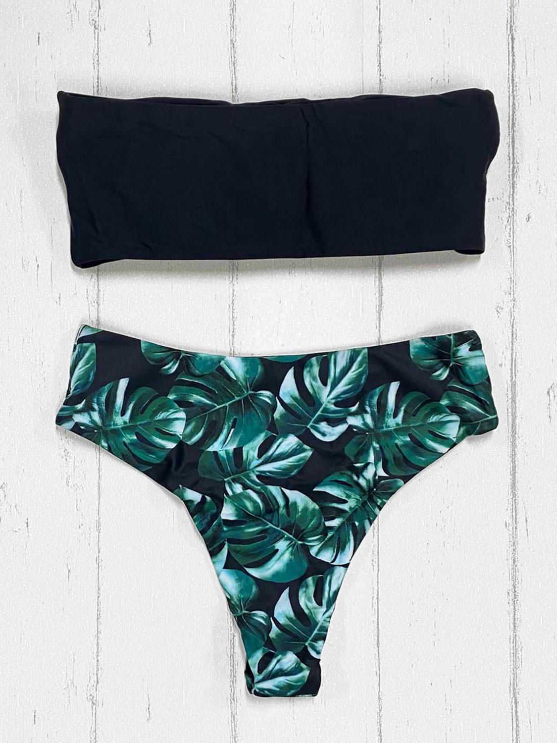 BIKINI HIGH WAIST STRAPLESS NEGRO HOJAS - 3