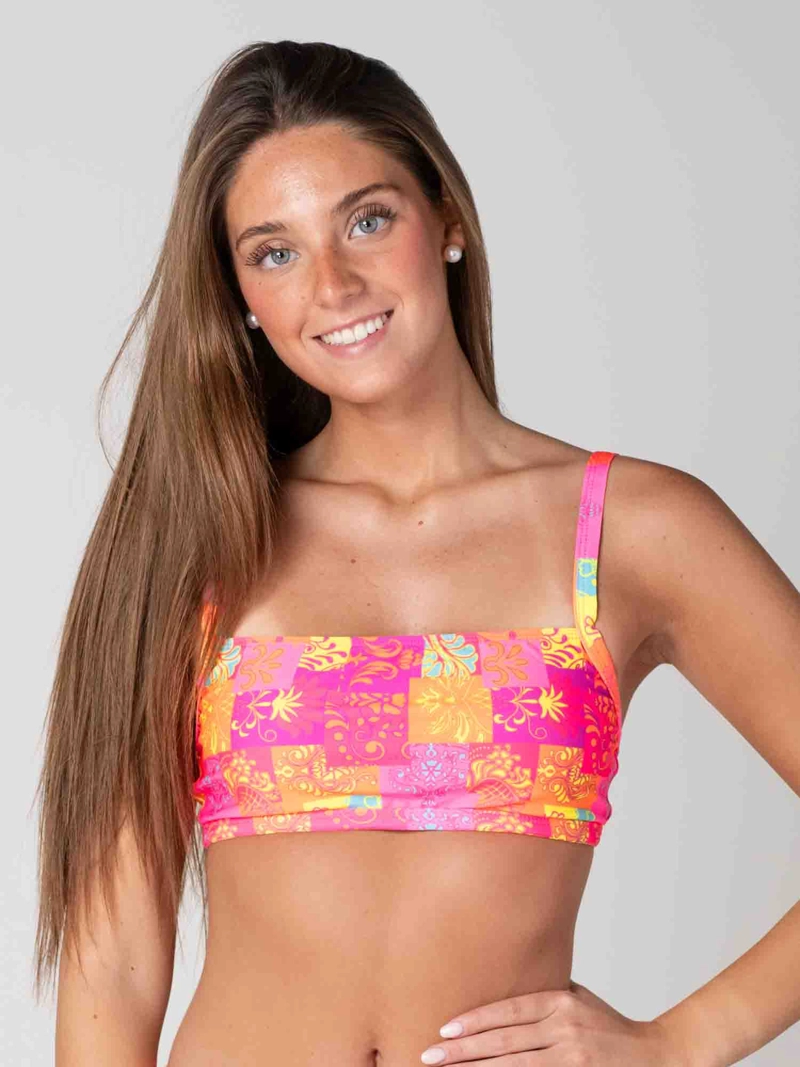 TOP DE BIKINI DAIKIRI MUJER ESCOTE CUADRADO AJUSTABLE PATCHWORK NARANJO FLUOR PROTECCION UV50+ - 3