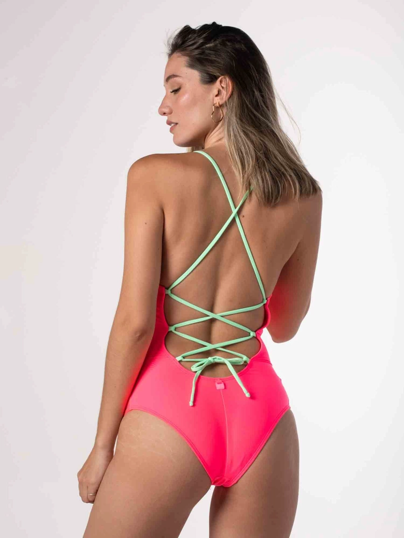 TRAJE DE BAÑO DAIKIRI MUJER AMARRAS ESPALDA CRUZADAS ROSADO FUCSIA FLUOR VERDE MENTA PROTECCION - 4