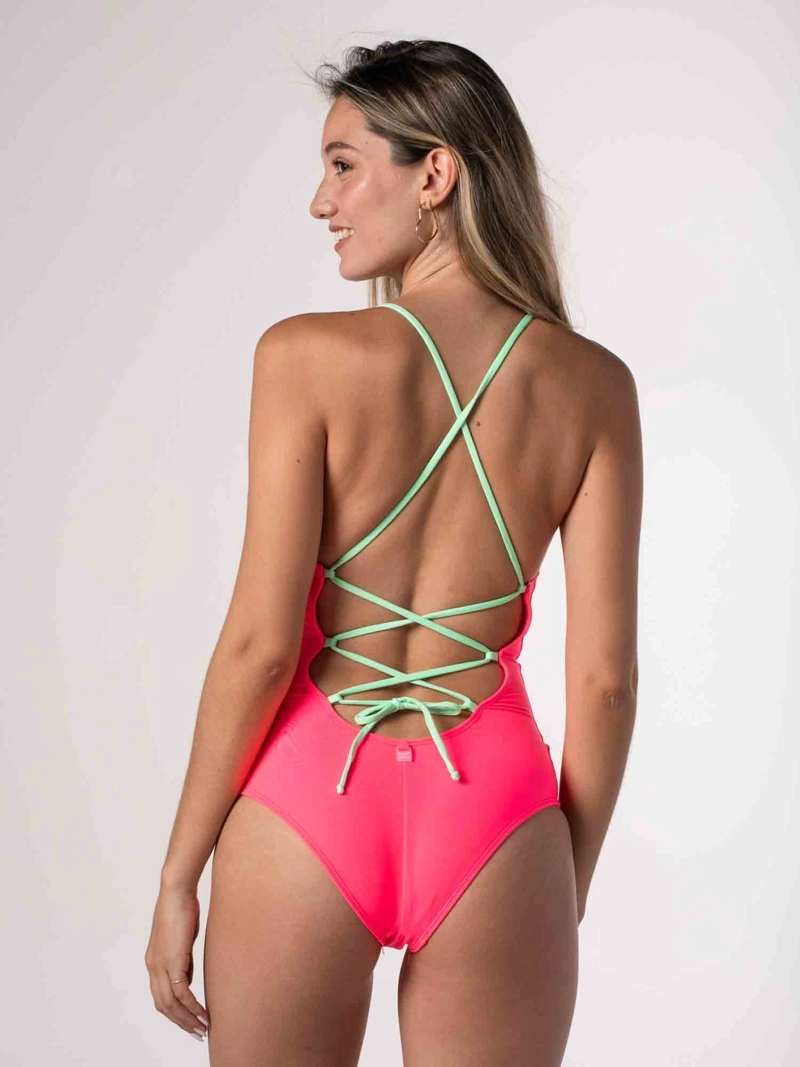 TRAJE DE BAÑO DAIKIRI MUJER AMARRAS ESPALDA CRUZADAS ROSADO FUCSIA FLUOR VERDE MENTA PROTECCION - 8