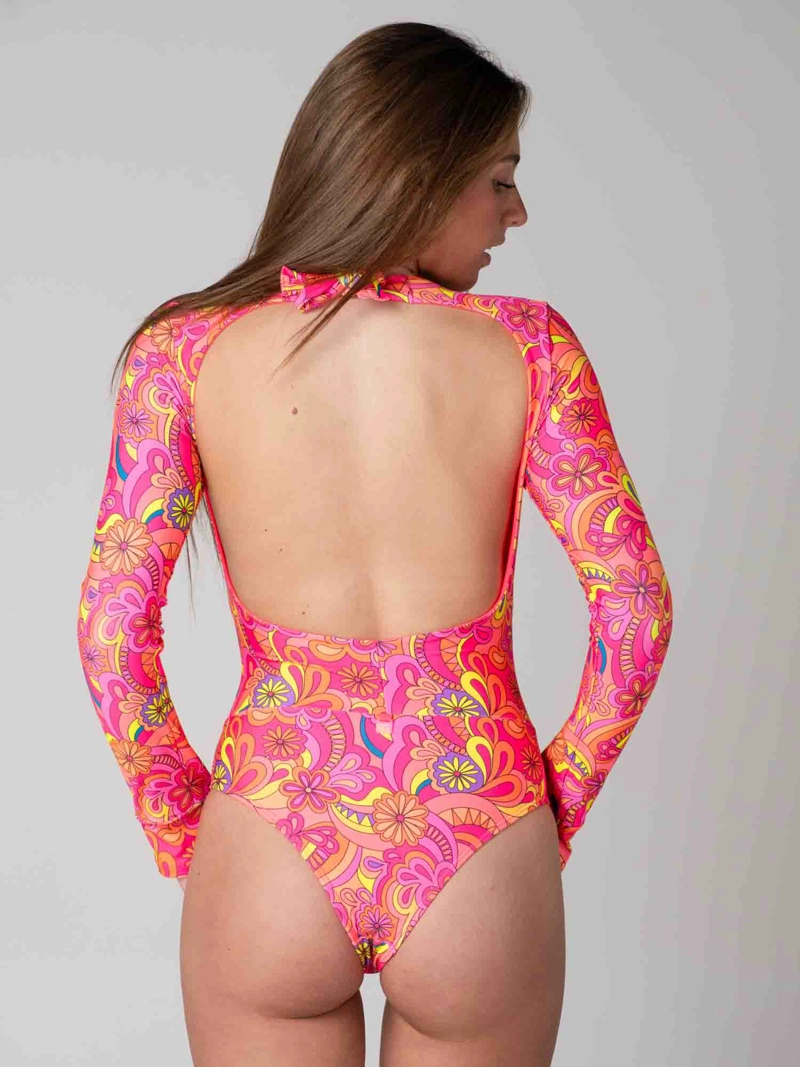 TRAJE DE BAÑO SURF DAIKIRI MUJER MANGA LARGA FLORAL NARANJO FLUOR PROTECCION UV50+ - 8