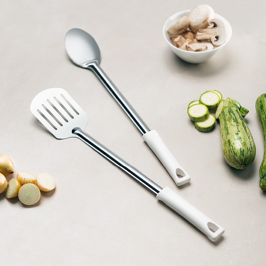 CUCHARA SOLIDA ACERO INOX 43 CM MANGO BLANCO - 2