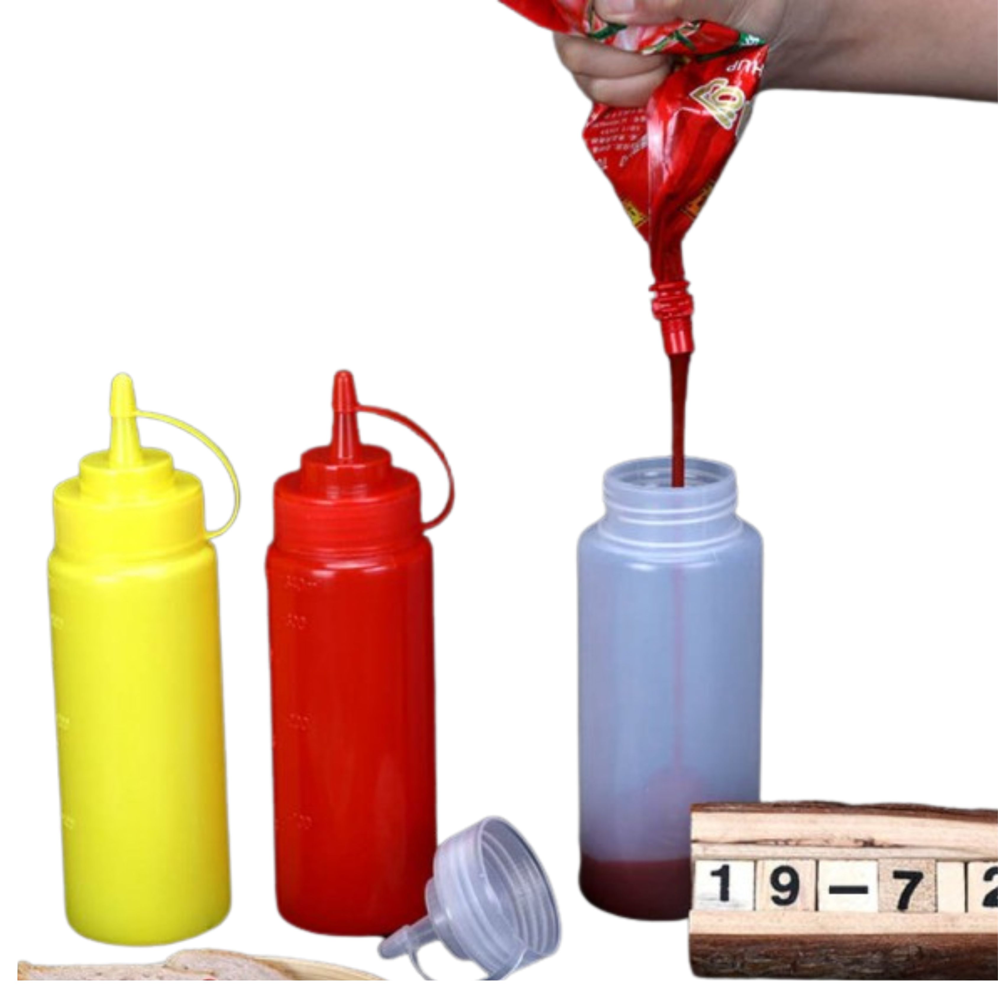 SET DE 3 BOTELLA DISPENSADORA SALSA GRADUADA TRANSPARENTE 350ML - 5