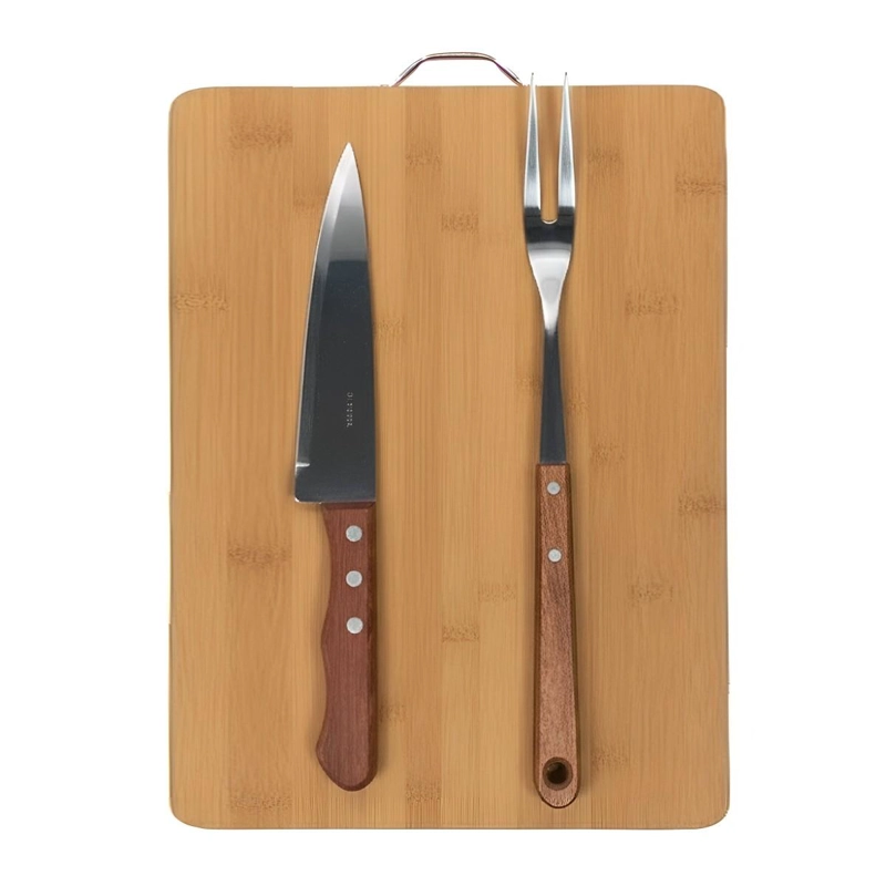 SET PARRILLERO TABLA + CUCHILLO Y TRINCHO ASADO PARRILLA COLOR CAFE