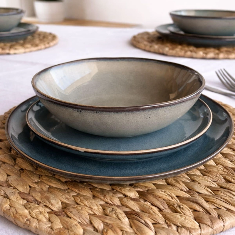 SET DE 6 PLATO REDONDO CERAMICA 21 CM AZUL GRAFITO LINEA RUSTICA - 2