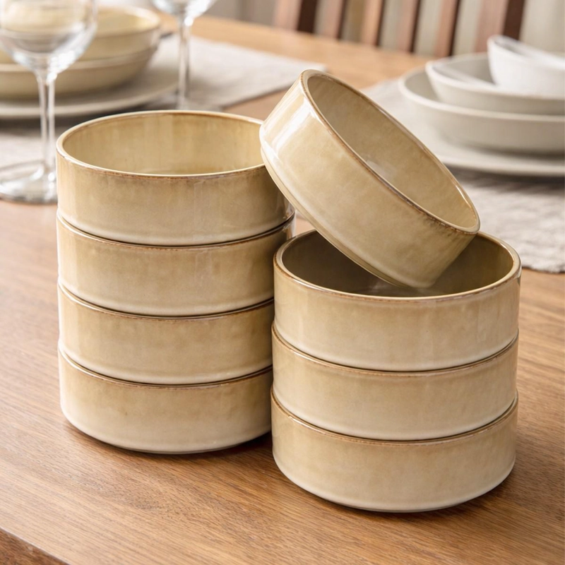 SET DE 6 BOWL REDONDO CERAMICA 14 X 5.5 CM BEIGE LINEA RUSTICA - 6