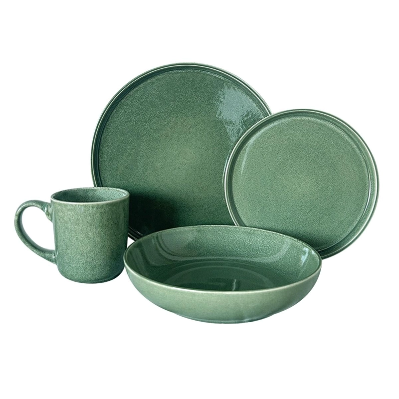 SET VAJILLA 24 PIEZAS CERAMICA VERDE LINEA RUSTICA CON MUG - 1