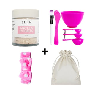 MASCARILLA DE ARCILLA ROSTRO Y CUELLO NGEN 100 GRS ROSADA SET + BOWL + CINTILLO + SAQUITO - 1