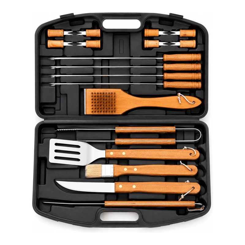 SET PARRILLERO 18 PIEZAS ACERO INOXIDABLE MANGO DE MADERA Y MALETA RIGIDA - 1