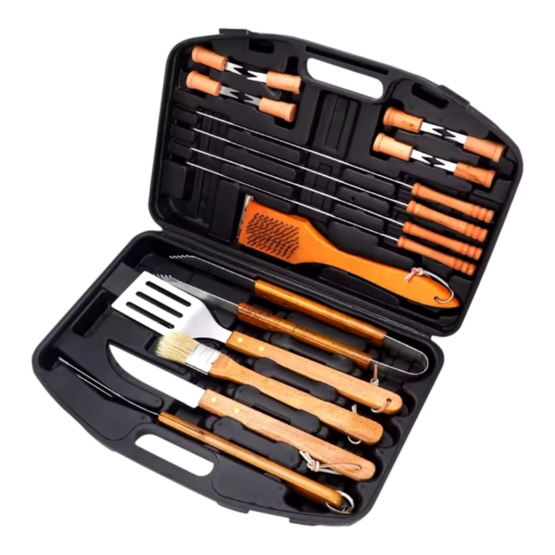 SET PARRILLERO 18 PIEZAS ACERO INOXIDABLE MANGO DE MADERA Y MALETA RIGIDA - 3