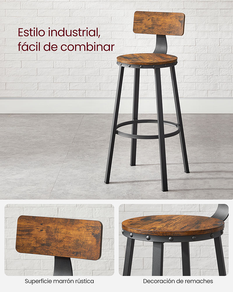 TABURETES SILLAS BAR VASAGLE CAFE SET CON RESPALDO ESTILO INDUSTRIAL - 6
