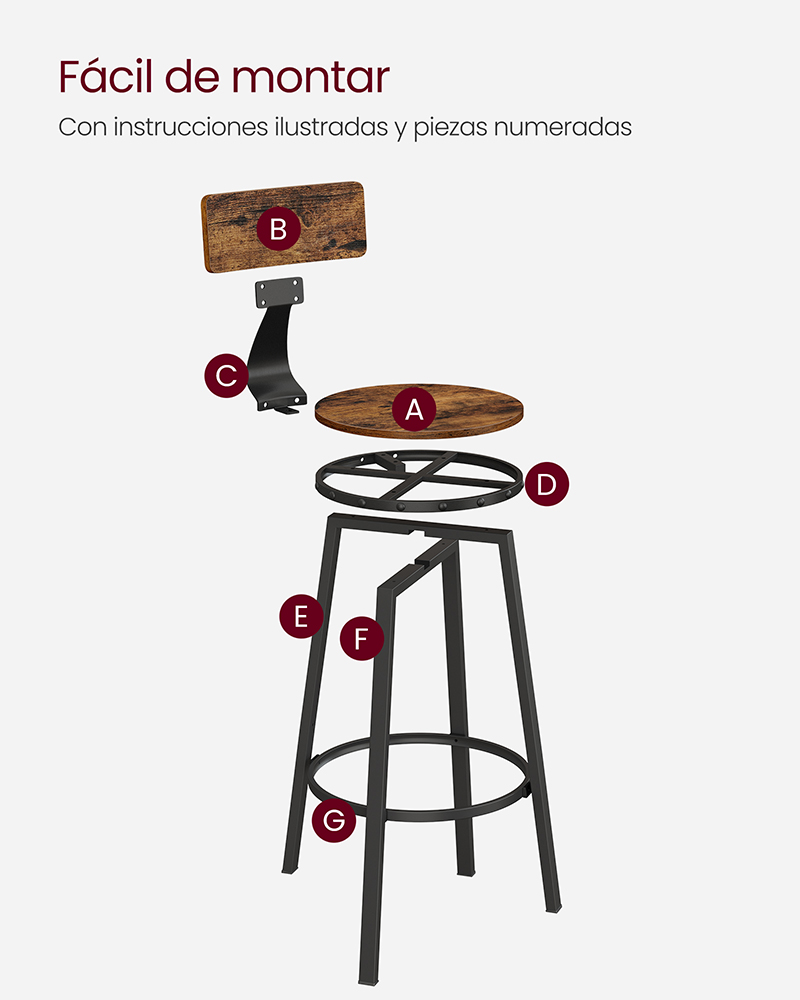 TABURETES SILLAS BAR VASAGLE CAFE SET CON RESPALDO ESTILO INDUSTRIAL - 7
