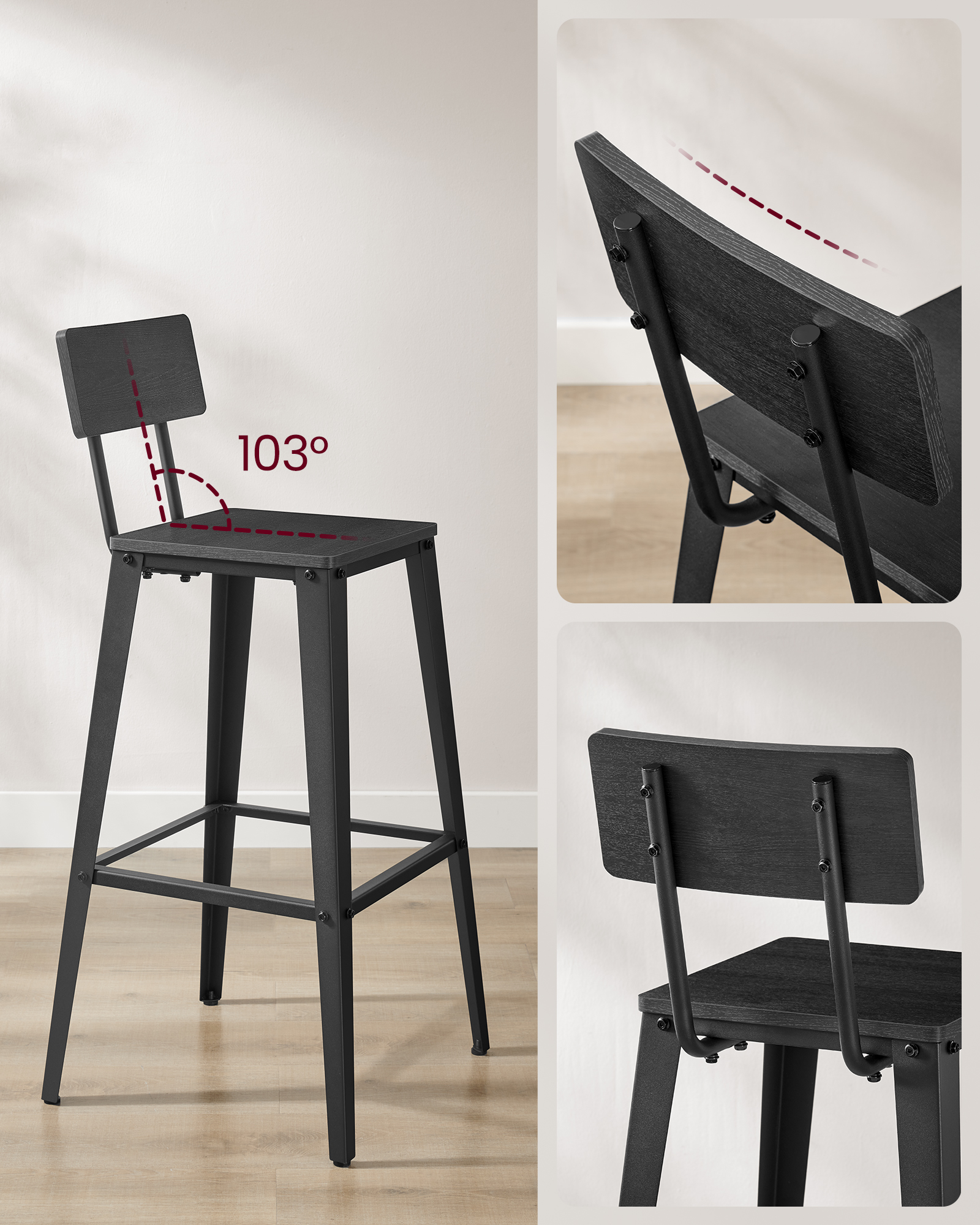 2 TABURETES VASAGLE NEGRO BLACK CON RESPALDO - 4