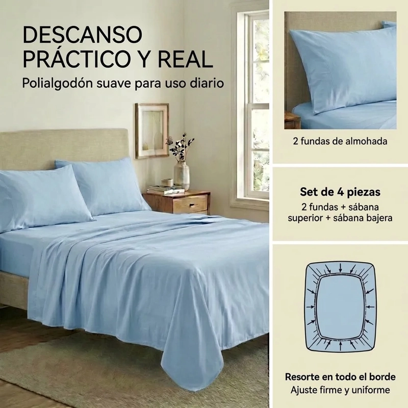 JUEGO DE SABANAS CELESTE 2 PLAZAS 4 PIEZAS - 4