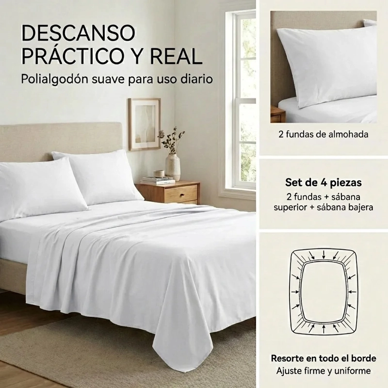 JUEGO DE SABANAS BLANCA 2 PLAZAS 4 PIEZAS - 3