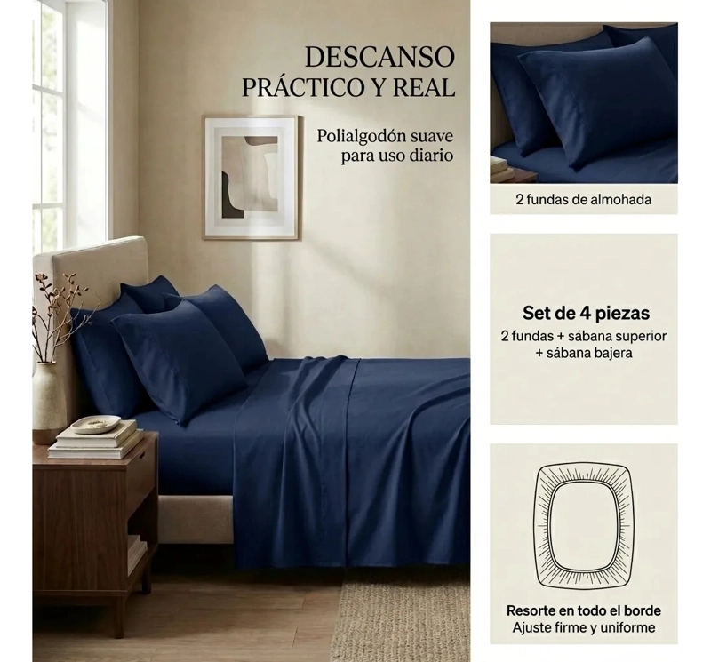 JUEGO DE SABANAS AZUL MARINO 2 PLAZAS 4 PIEZAS - 3