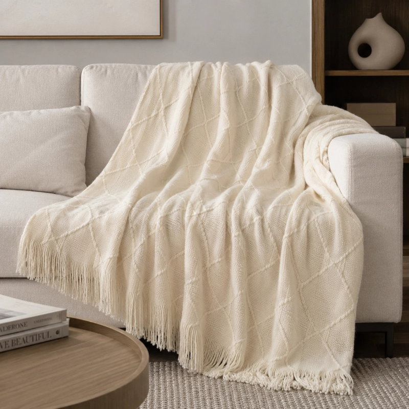 MANTA CREMA LIVIANA DECORATIVA PARA CAMA Y SILLON 012 PARA HOGAR - 1