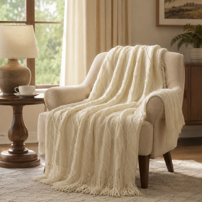 MANTA CREMA LIVIANA DECORATIVA PARA CAMA Y SILLON 012 PARA HOGAR - 5