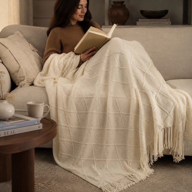 MANTA CREMA LIVIANA DECORATIVA PARA CAMA Y SILLON MODELO 012 - 3