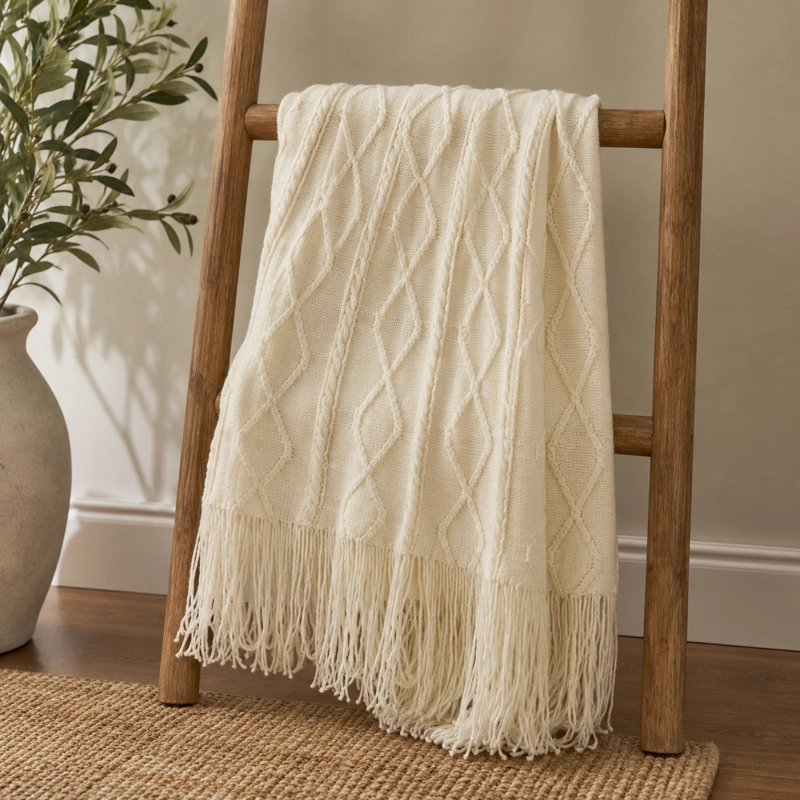 MANTA CREMA LIVIANA DECORATIVA PARA CAMA Y SILLON MODELO 012 - 4