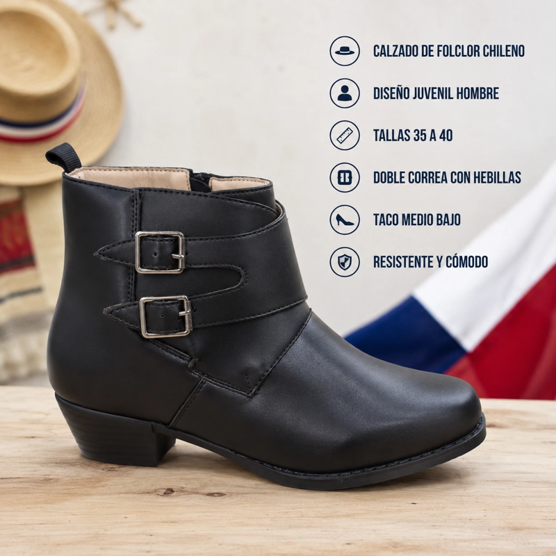 BOTIN DE HUASO JUVENIL NEGRO CON DOBLE HEBILLA 7604 - 2