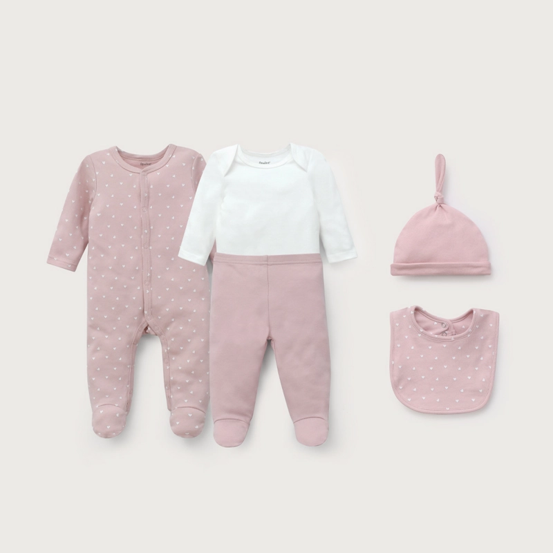 CONJUNTO 5 PIEZAS ROSADO CON CORAZONES DE BEBE  NIÑA OPALINE - 2