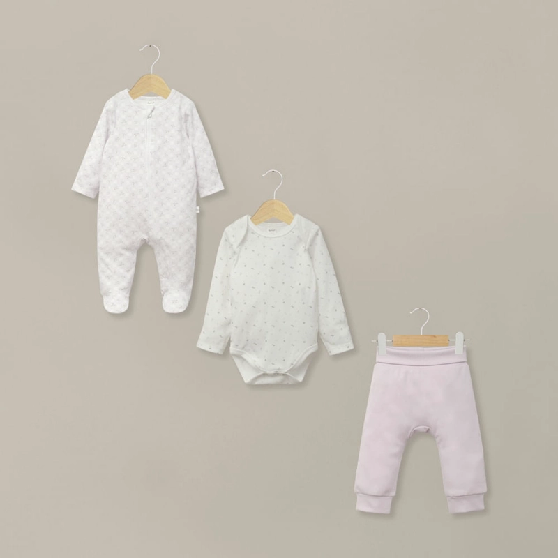 CONJUNTO 3 PIEZAS OSITO, BODY Y PANTALON LILA DE BEBE NIÑA OPALINE - 1