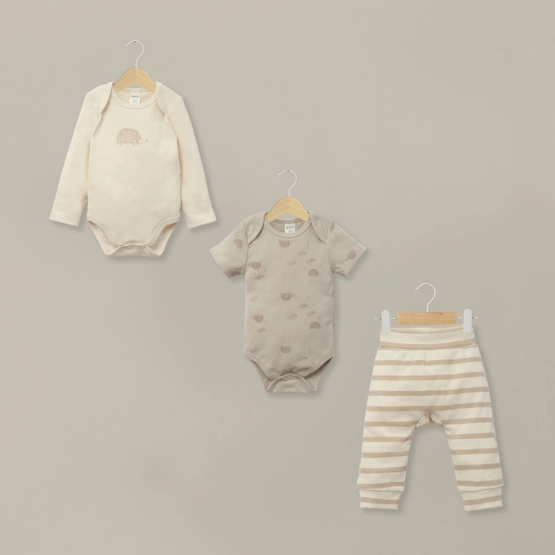 CONJUNTO 3 PIEZAS BODIES Y PANTALON BEIGE DE BEBE  UNISEX OPALINE - 1
