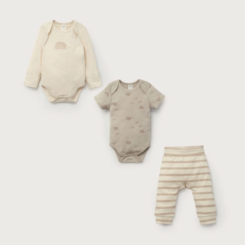 CONJUNTO 3 PIEZAS BODIES Y PANTALON BEIGE DE BEBE  UNISEX OPALINE - 2