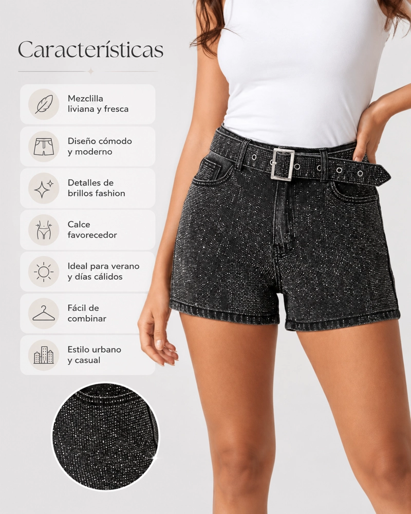 SHORT MUJER MEZCLILLA FRESCO CON BRILLOS FASHION VERANO - 2